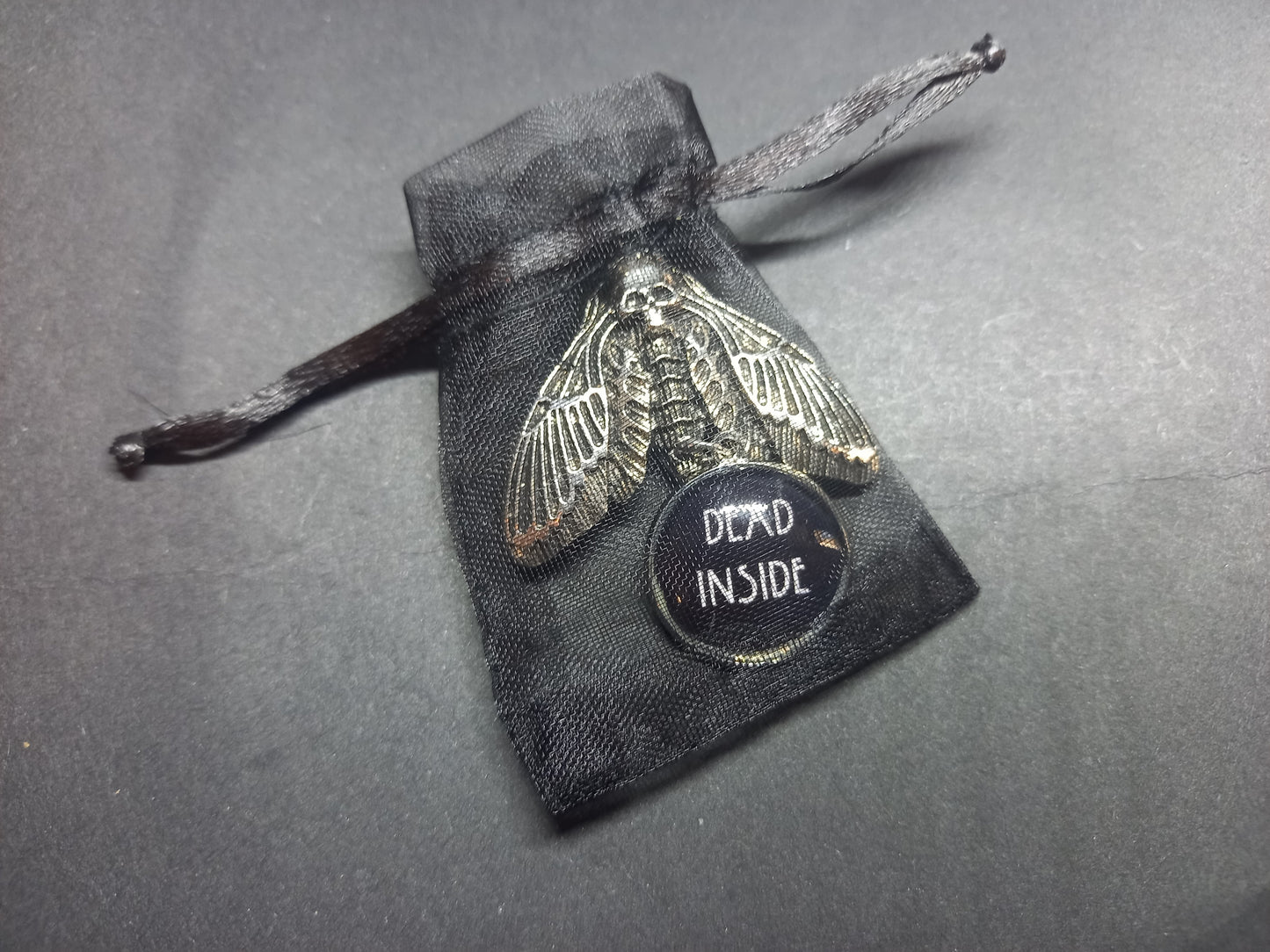 Goth Gothic Witchy Occultist Satanic Pagan "Death head moth" detail metal pin badge/brooch V2with "Dead inside" detail