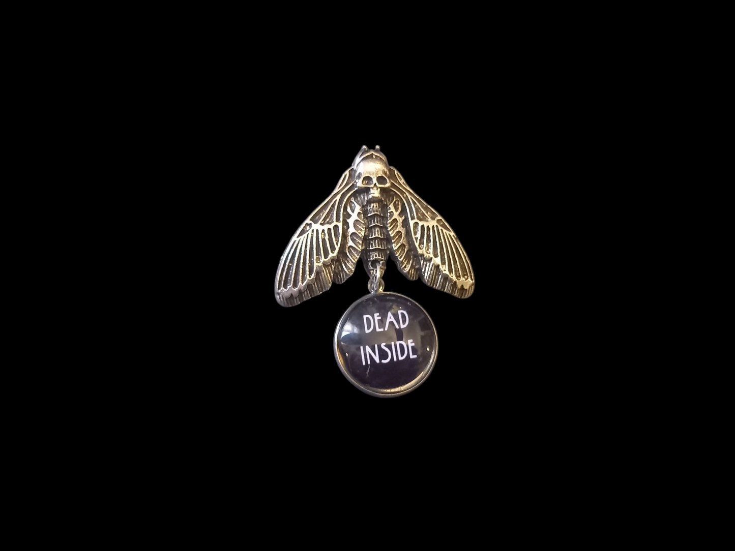 Goth Gothic Witchy Occultist Satanic Pagan "Death head moth" detail metal pin badge/brooch V2with "Dead inside" detail