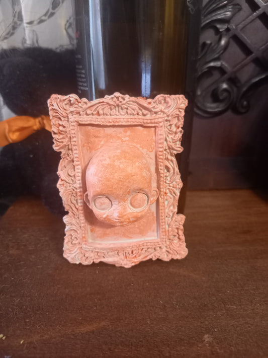 Unique hand sculpted Oddity curiosity goth gothic witchy creepy horror "Framed distressed Doll face"wall hanging art ,orange finish