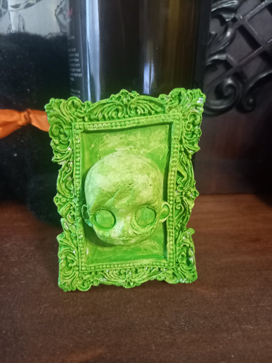 Unique hand sculpted Oddity curiosity goth gothic witchy creepy horror "Framed distressed Doll face"wall hanging art ,green finish