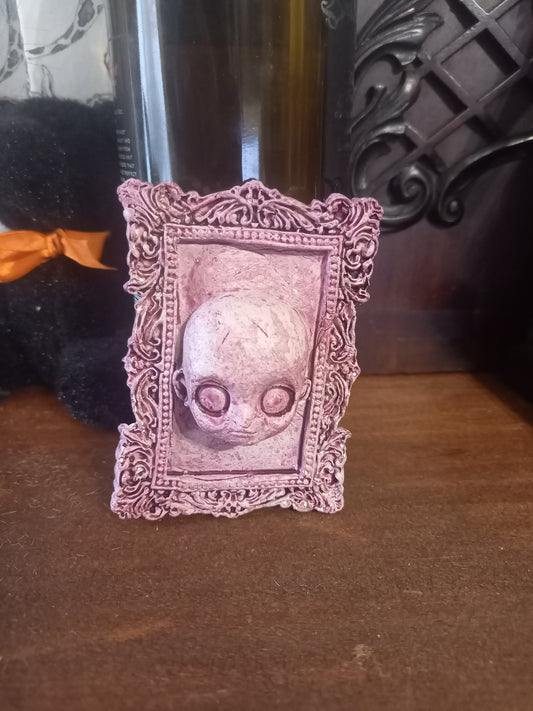 Unique hand sculpted Oddity curiosity goth gothic witchy creepy horror "Framed distressed Doll face "wall hanging art ,dirty pink finish