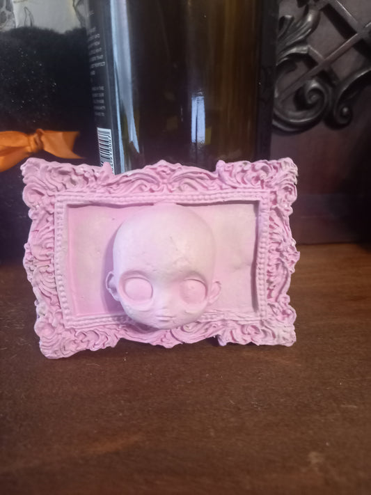 Unique hand sculpted Oddity curiosity goth gothic witchy creepy horror "Framed distressed Doll face "wall hanging art , pink finish