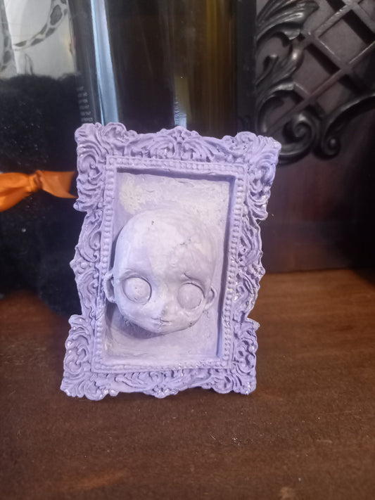 Unique hand sculpted Oddity curiosity goth gothic witchy creepy horror "Framed distressed Doll face "wall hanging art ,purple finish