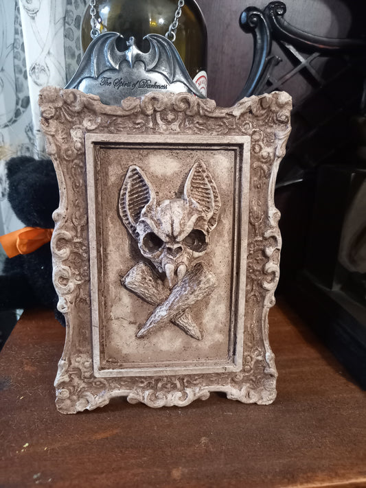 Unique hand sculpted Oddity curiosity goth gothic witchy creepy horror" Vampire Bat skull in baroque style ornate frame" Bone finish