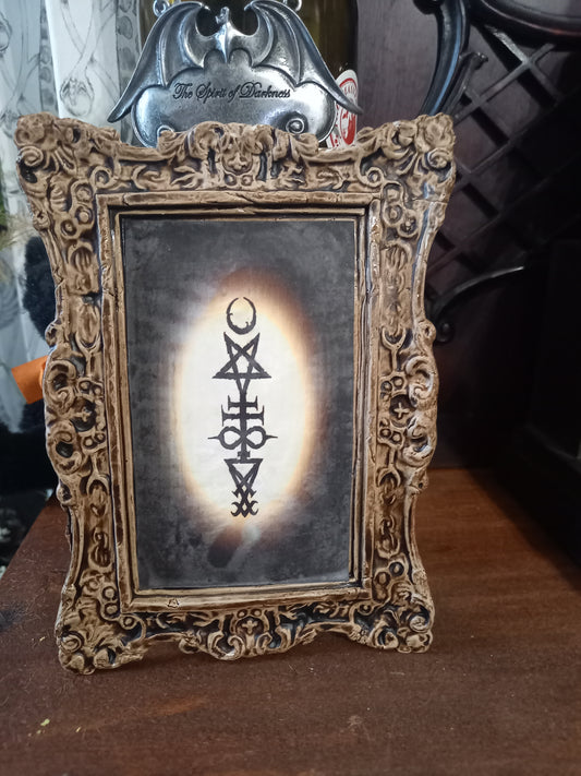 Oddity Curiosity macabre Baphomet occult "satanic Trinity symbol" sepia image in cast ornate frame