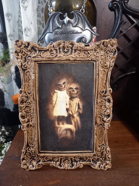 Unique hand sculpted Oddity curiosity goth gothic witchy creepy horror" Victorian style pumpkin head siblings " in baroque style ornate frame" Bone finish
