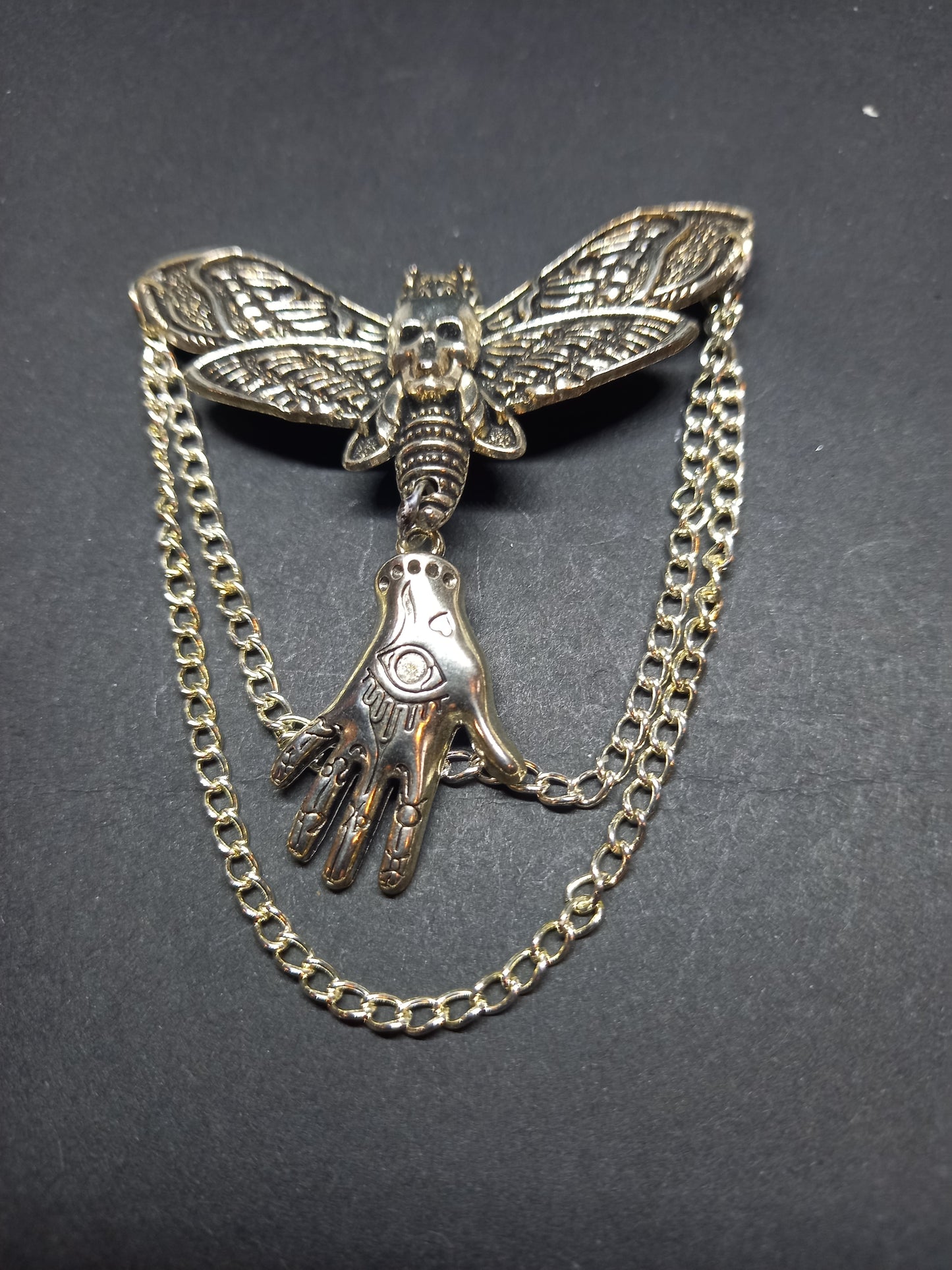 Goth Gothic Witchy Killstar occult pagan oddity curiosity  "Death Head Moth Brooch with palmistry hand and chains"