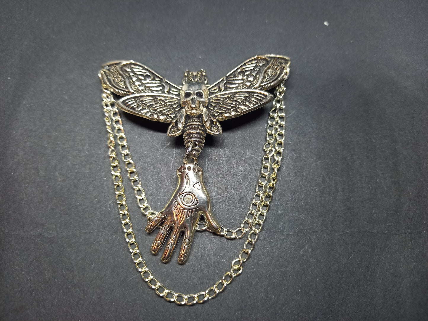 Goth Gothic Witchy Killstar occult pagan oddity curiosity  "Death Head Moth Brooch with palmistry hand and chains"