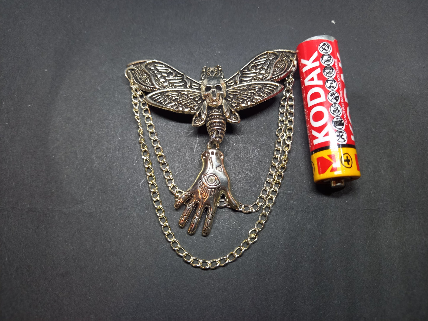 Goth Gothic Witchy Killstar occult pagan oddity curiosity  "Death Head Moth Brooch with palmistry hand and chains"