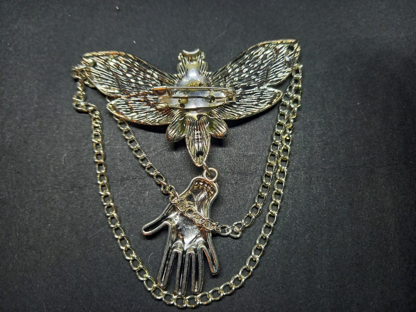 Goth Gothic Witchy Killstar occult pagan oddity curiosity  "Death Head Moth Brooch with palmistry hand and chains"