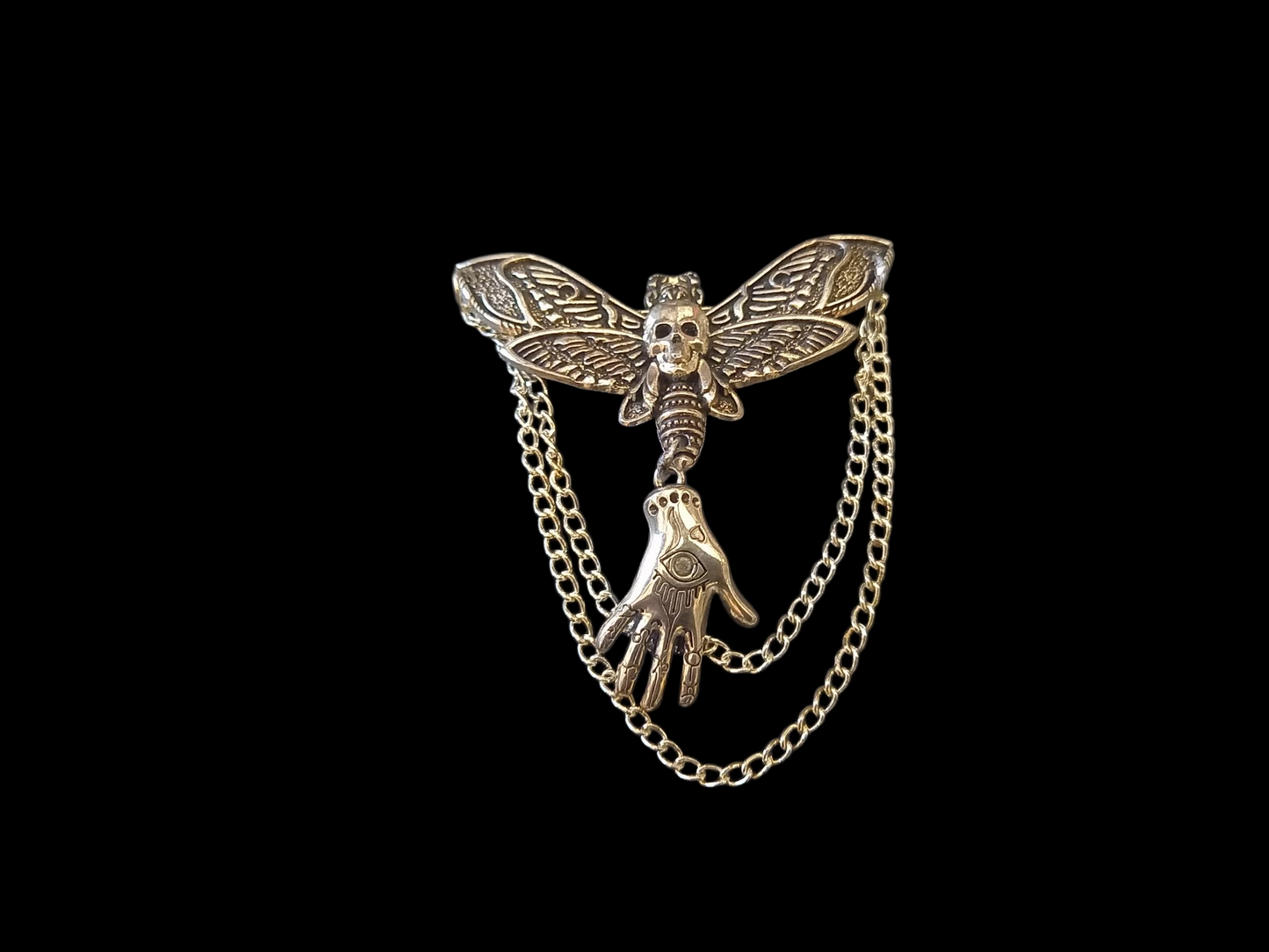 Goth Gothic Witchy Killstar occult pagan oddity curiosity  "Death Head Moth Brooch with palmistry hand and chains"