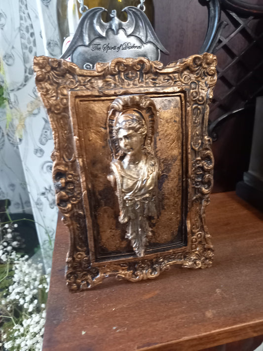 Unique hand sculpted Oddity curiosity goth gothic witchy greek/roman style goddess baroque style ornate frame in aged gold finish