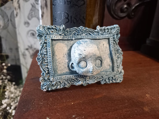 Unique hand sculpted Oddity curiosity goth gothic witchy creepy horror "Framed distressed Doll face "wall hanging art , blue finish