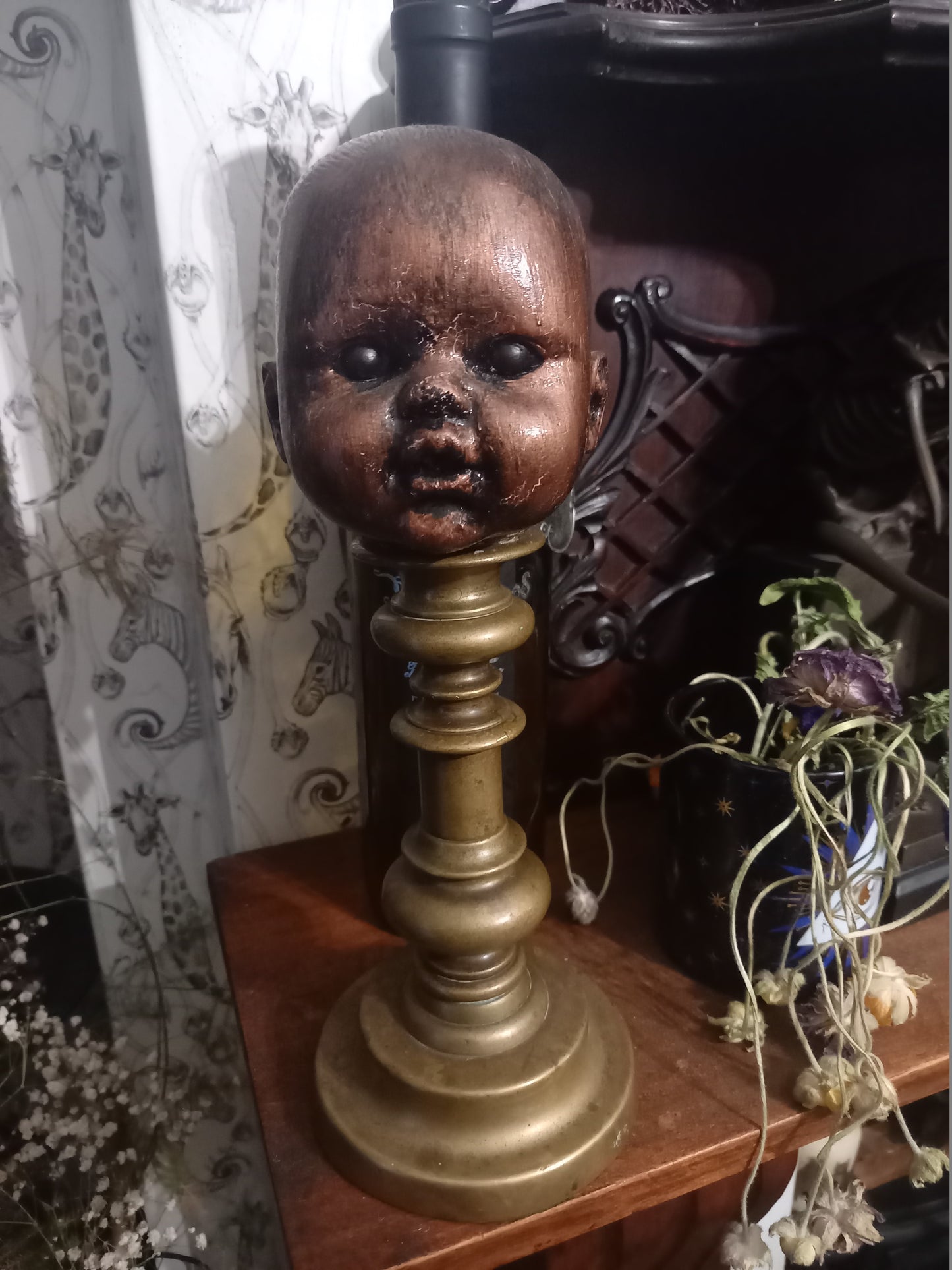 OOAK unique upcycled recycled oddity curiosity strange bizzare reborn horror goth gothic witchy "doll head on mount" copper finish
