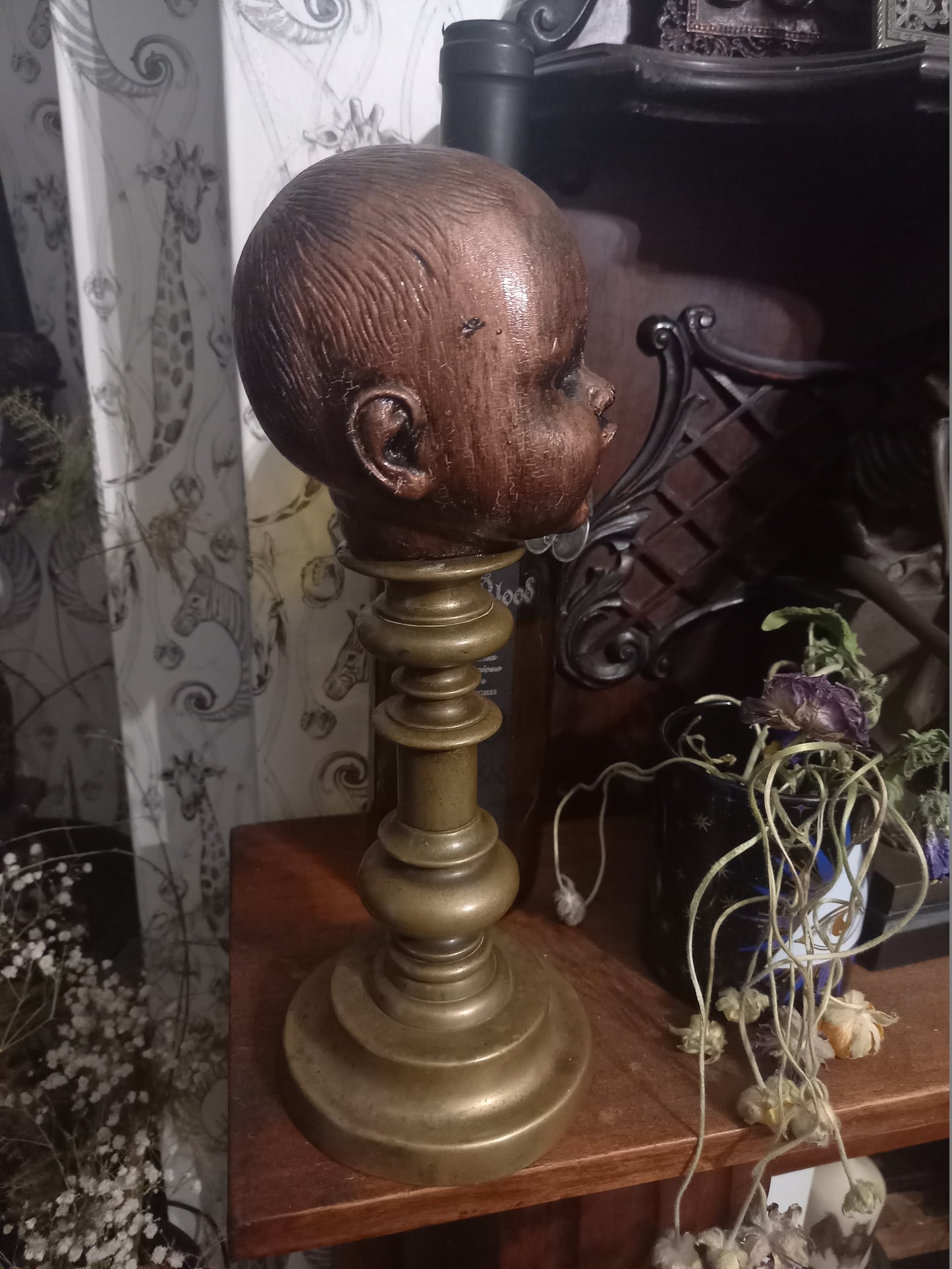 OOAK unique upcycled recycled oddity curiosity strange bizzare reborn horror goth gothic witchy "doll head on mount" copper finish