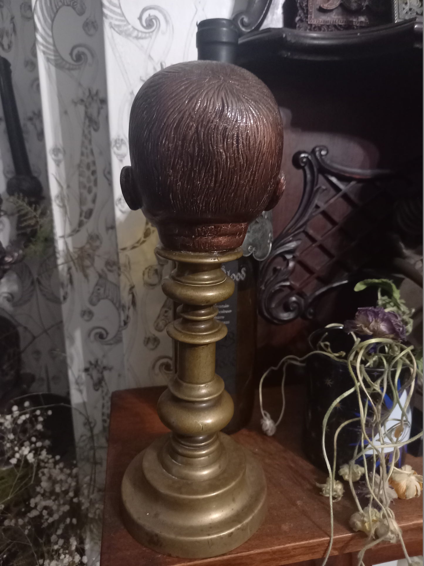 OOAK unique upcycled recycled oddity curiosity strange bizzare reborn horror goth gothic witchy "doll head on mount" copper finish