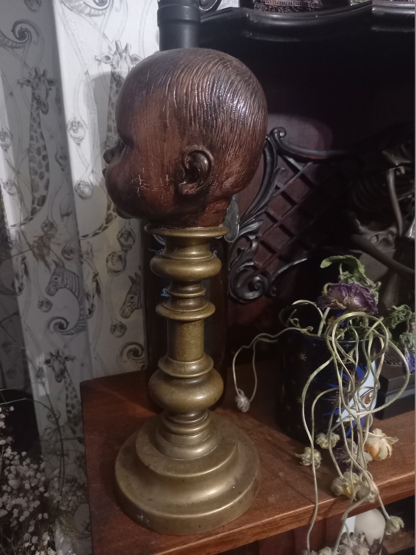 OOAK unique upcycled recycled oddity curiosity strange bizzare reborn horror goth gothic witchy "doll head on mount" copper finish