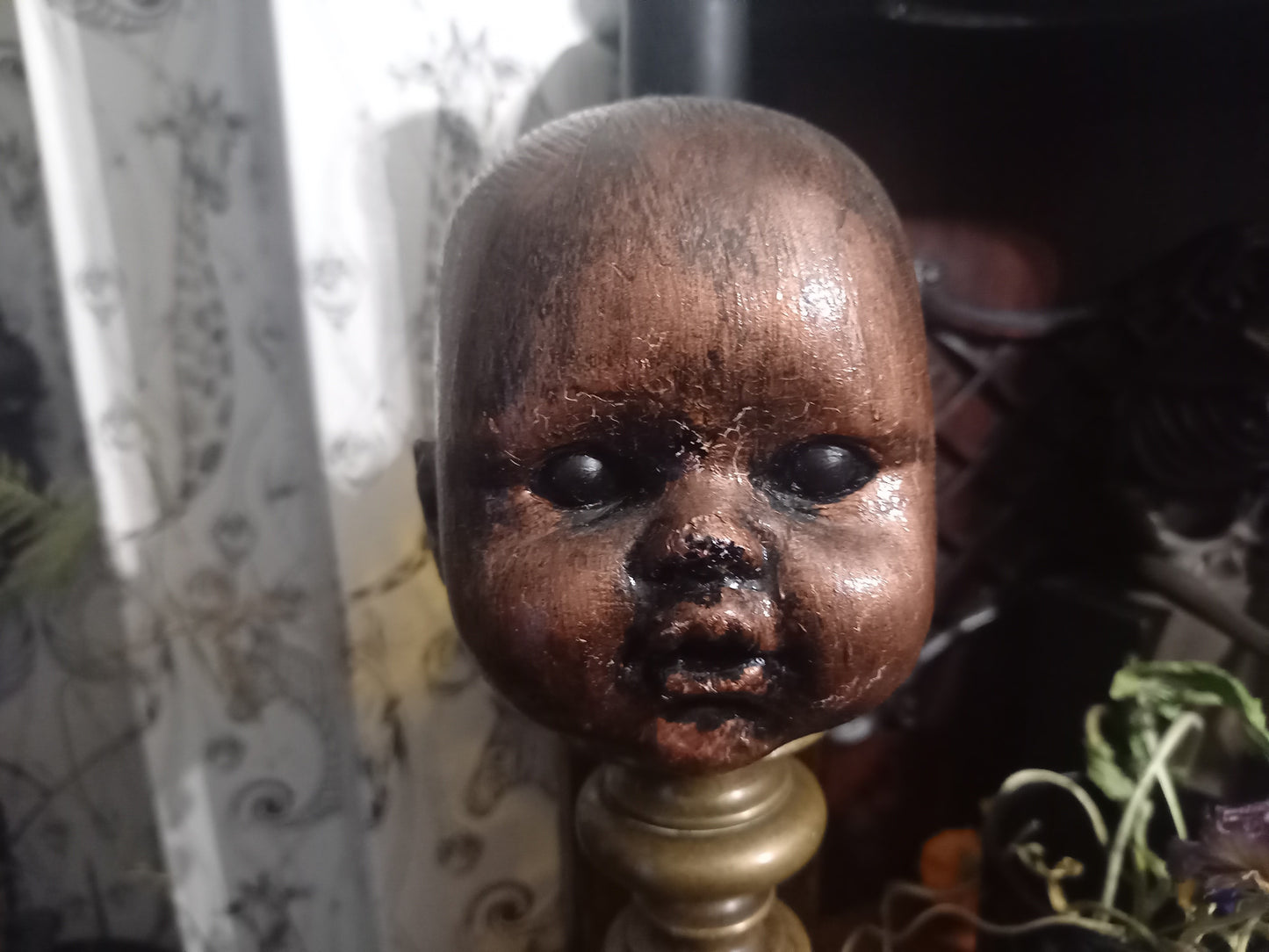 OOAK unique upcycled recycled oddity curiosity strange bizzare reborn horror goth gothic witchy "doll head on mount" copper finish