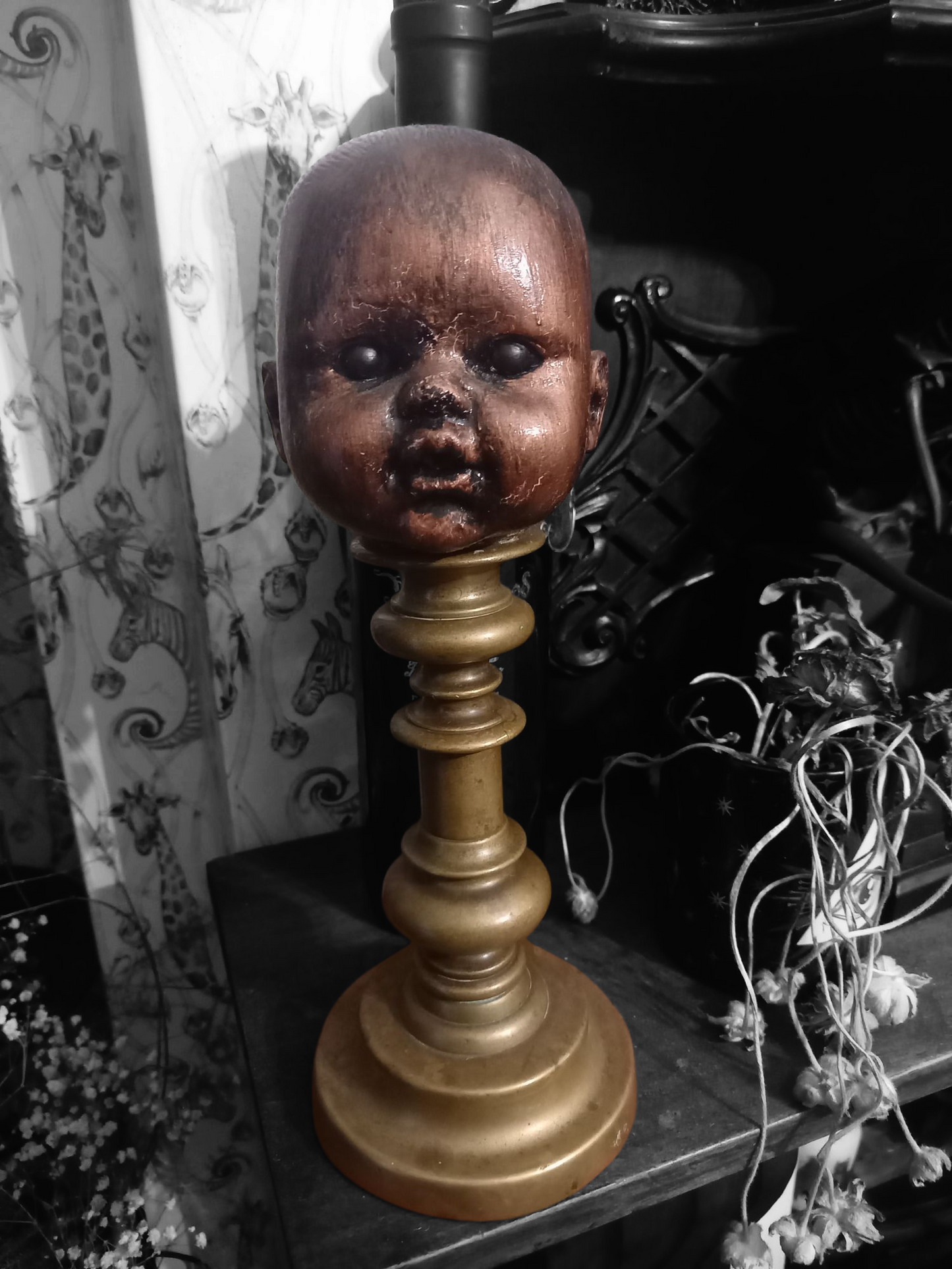 OOAK unique upcycled recycled oddity curiosity strange bizzare reborn horror goth gothic witchy "doll head on mount" copper finish