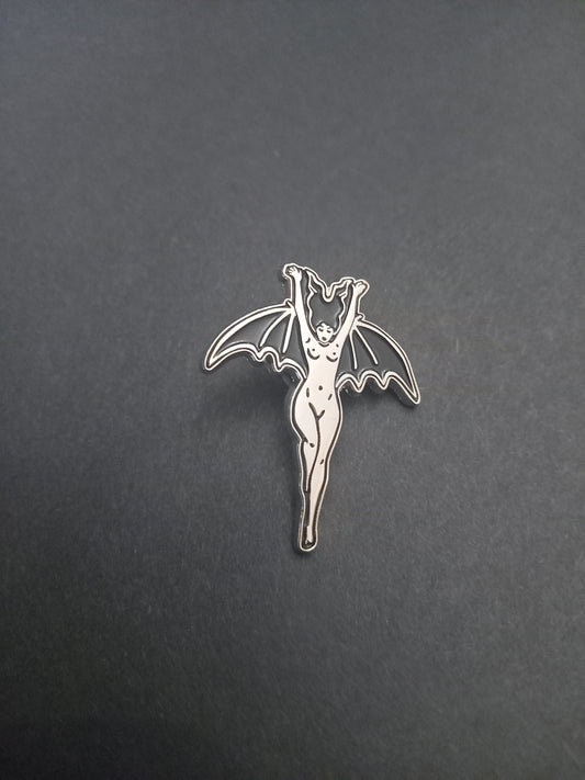 Occult Satanic large black and silver enamel "Lilith/Bat woman" inspired pin badge
