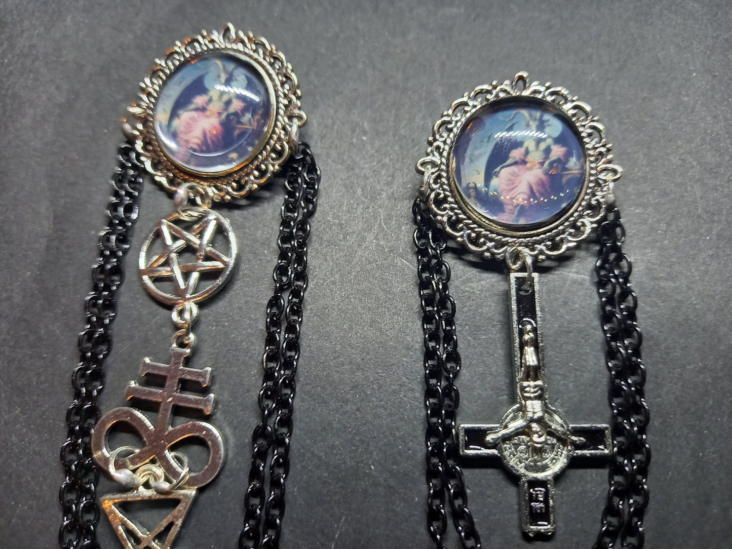 Goth Gothic Occult  Satanic Tiki Lounge inspired " Ornate Satanic Brooch" with chains and inverted crucifix or satanic trinity details