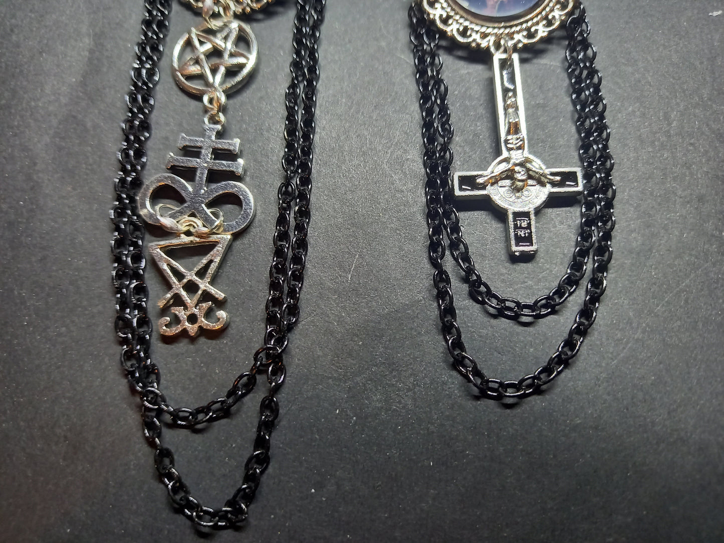 Goth Gothic Occult  Satanic Tiki Lounge inspired " Ornate Satanic Brooch" with chains and inverted crucifix or satanic trinity details