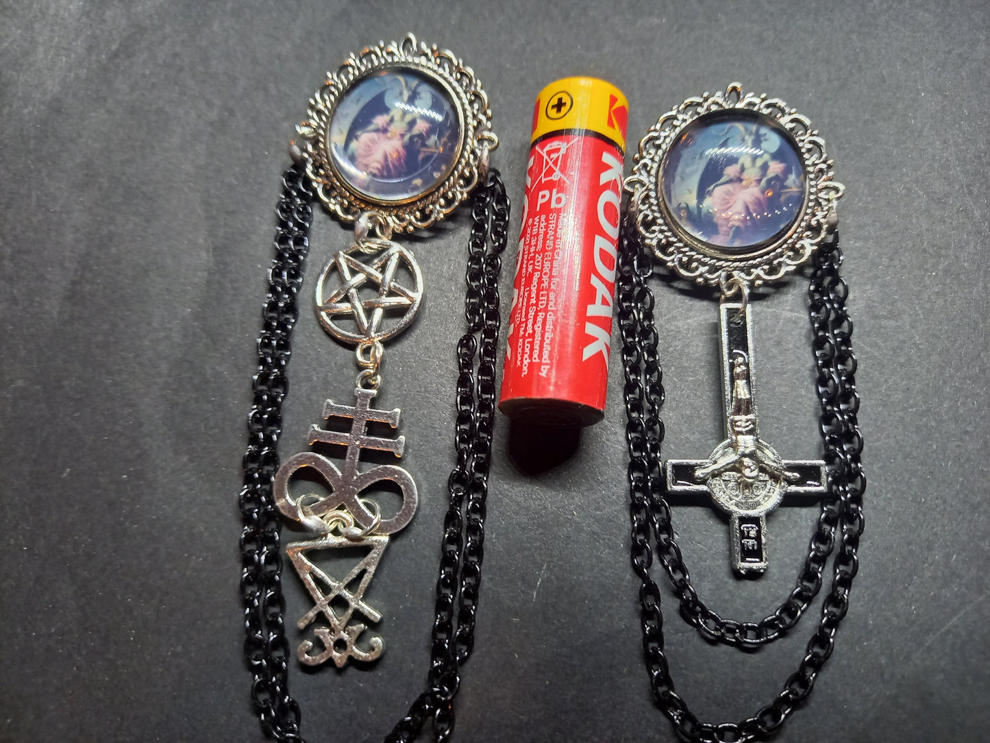 Goth Gothic Occult  Satanic Tiki Lounge inspired " Ornate Satanic Brooch" with chains and inverted crucifix or satanic trinity details