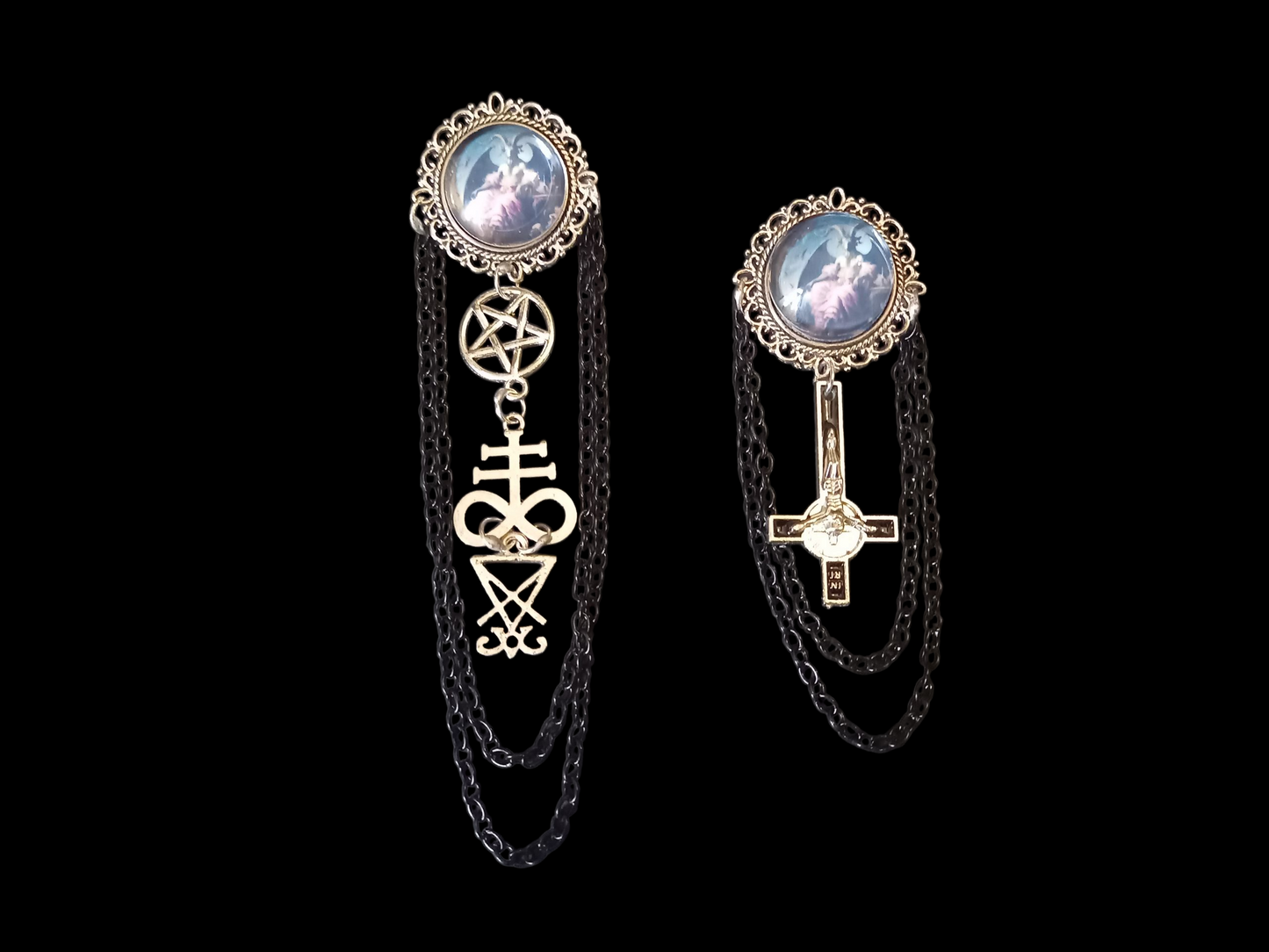 Goth Gothic Occult  Satanic Tiki Lounge inspired " Ornate Satanic Brooch" with chains and inverted crucifix or satanic trinity details