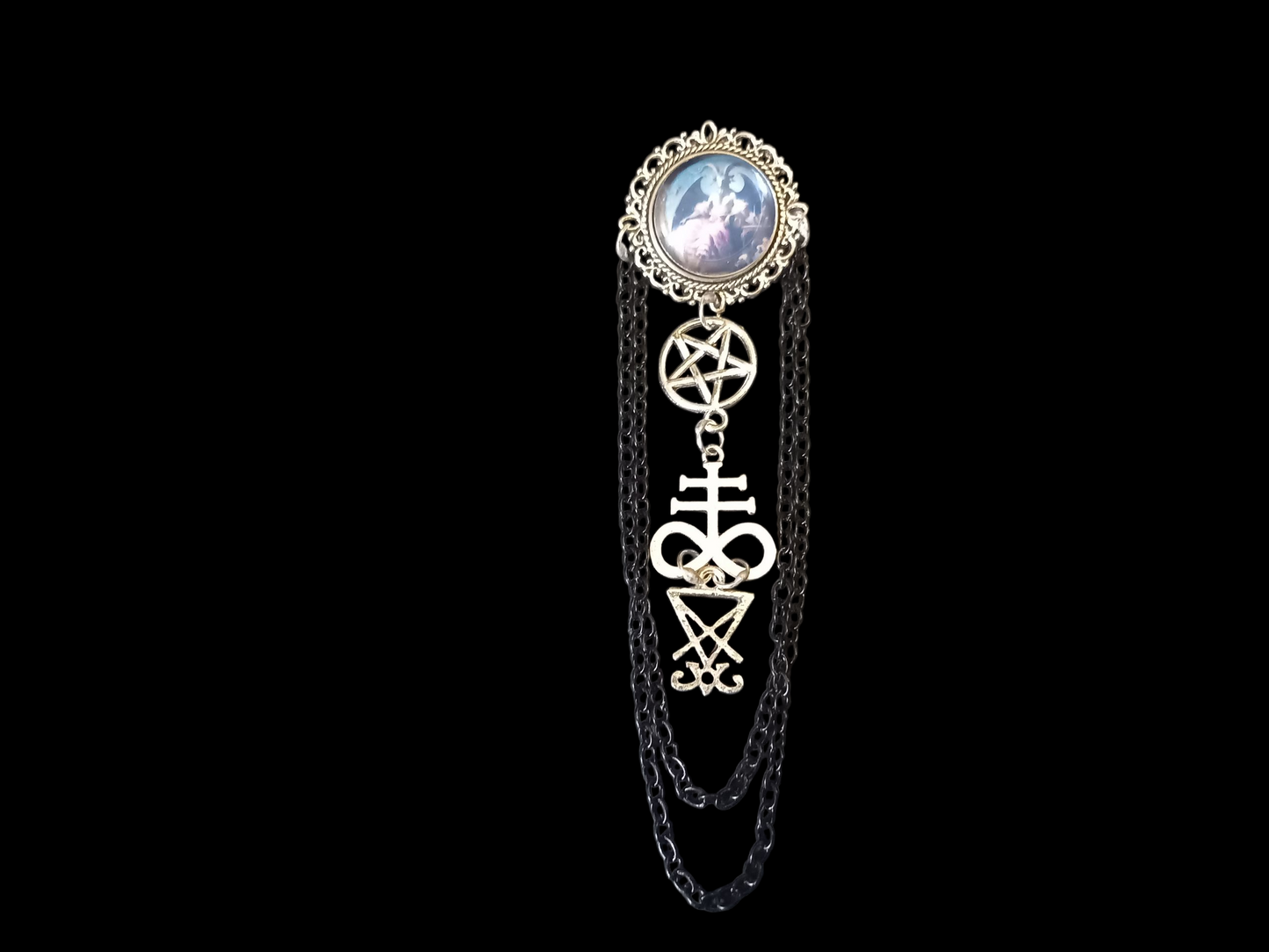 Goth Gothic Occult  Satanic Tiki Lounge inspired " Ornate Satanic Brooch" with chains and inverted crucifix or satanic trinity details