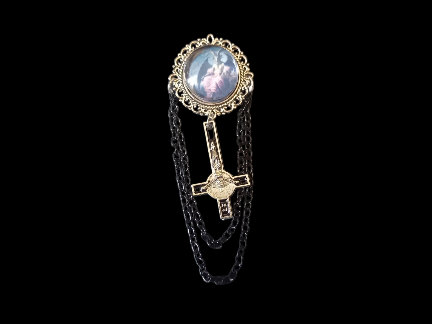 Goth Gothic Occult  Satanic Tiki Lounge inspired " Ornate Satanic Brooch" with chains and inverted crucifix or satanic trinity details