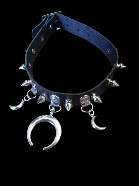 Goth Gothic Witchy fashion Occult satanic Pagan Wicca Black Faux Leather 10 spiked Collar with 3 crescent moon details
