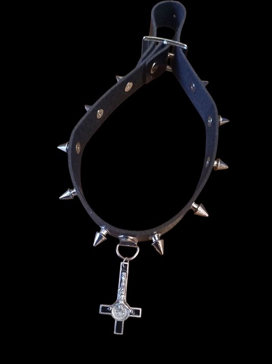 Goth Gothic Witchy fashion Occult satanic Pagan Wicca Black Faux Leather 10 spiked Collar with inverted crucifix