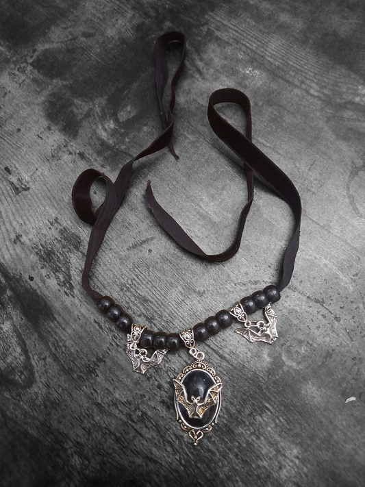 Goth Gothic Witchy vampire "Ornate open wing bat with matching bat charms and skull beads"on Black velvet Ribbon Choker