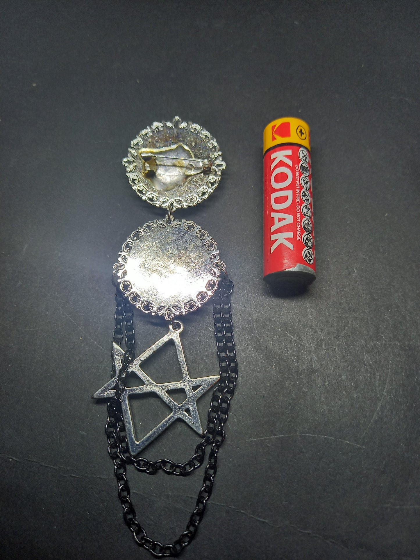 Goth Gothic Old School 1980's alternative " Nephilim inspired double image Ornate Brooch"  with chains and unicursal hexagram