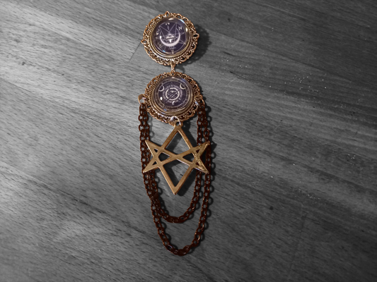 Goth Gothic Old School 1980's alternative " Nephilim inspired double image Ornate Brooch"  with chains and unicursal hexagram