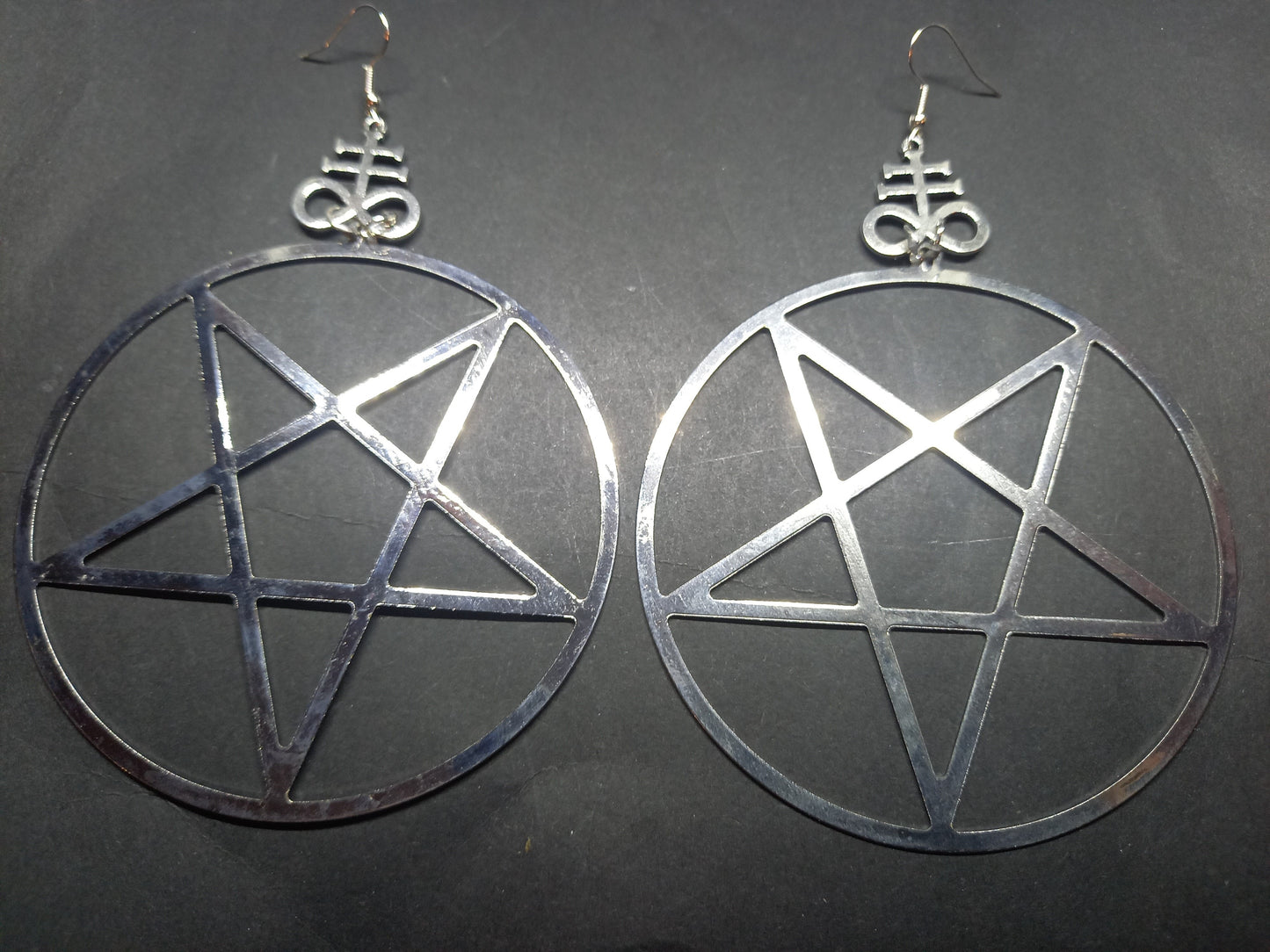 Goth Gothic Witchy "Oversized Inverted pentagram with Cross of Satan " earrings