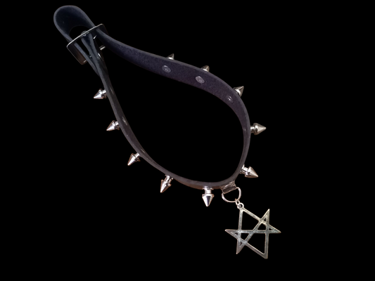 Goth Gothic Witchy fashion Occult satanic Pagan Wicca Black Faux Leather 10 spiked Collar with Unicursal Hexagram