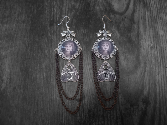 Oddity curiosity gothic witchy Killstar occult "Annabelle inspired  Doll image" deluxe Ornate earrings "with Bow and ouija planchette & chains