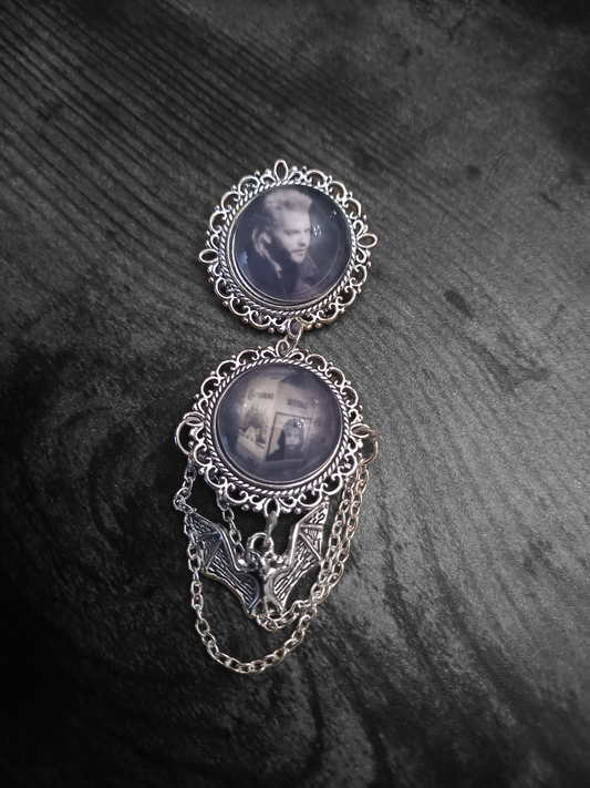 Oddity curiosity gothic witchy Killstar Horror Vampire "The lost Boys" double image ornate brooch with bat & chains