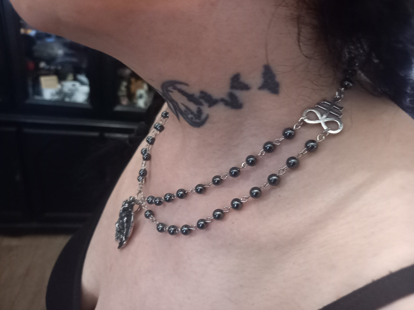 Goth Gothic Witchy Satanic Occult " Stainless steel Baphomet with two Cross of Satan/Leviathan Cross details" double layer rosary