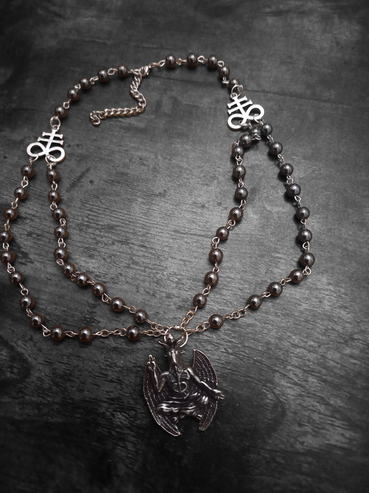 Goth Gothic Witchy Satanic Occult " Stainless steel Baphomet with two Cross of Satan/Leviathan Cross details" double layer rosary