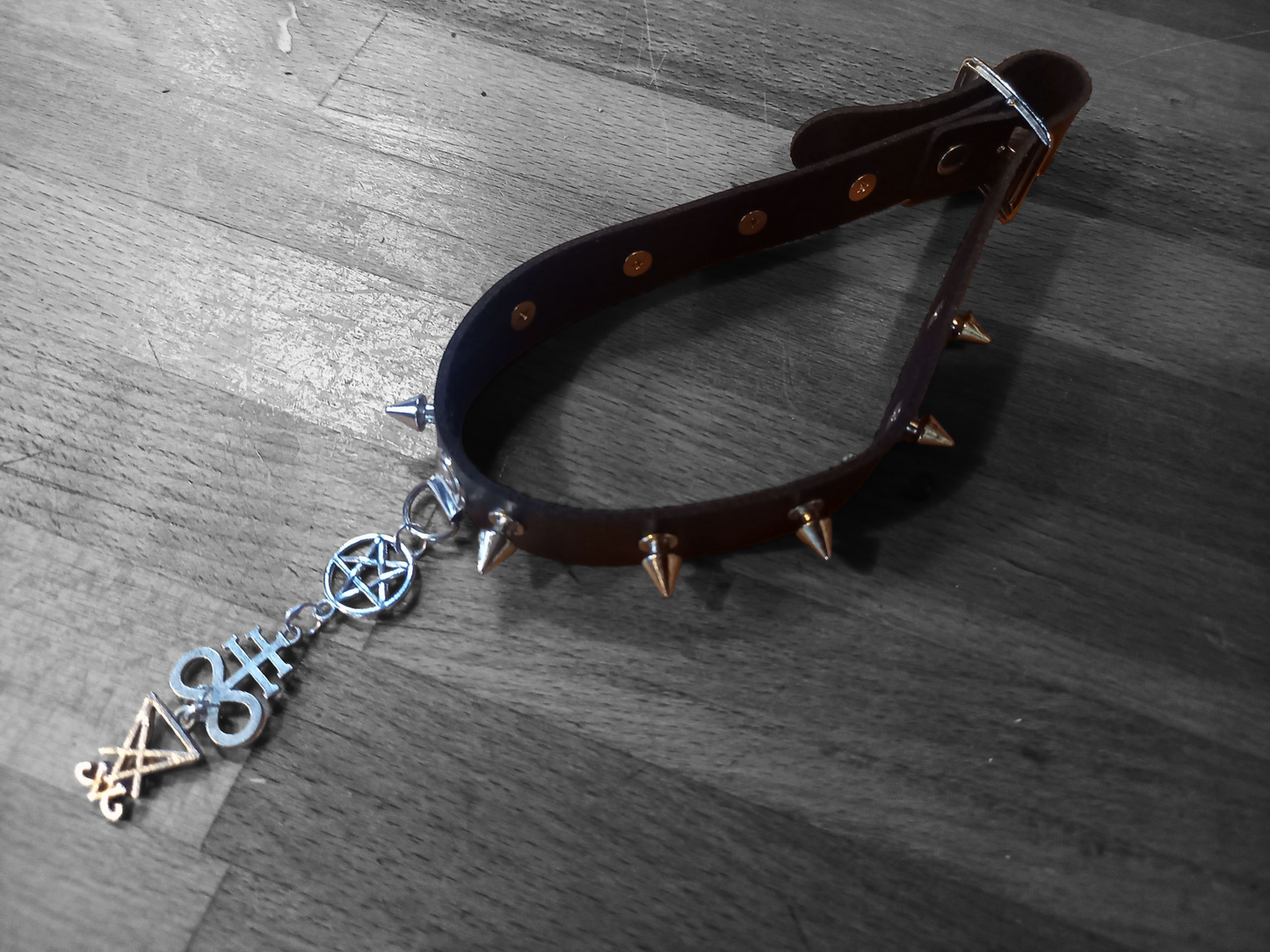 Goth Gothic Witchy fashion Occult satanic Pagan Wicca Black Faux Leather 10 spiked Collar with "Satanic Trinity"