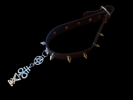Goth Gothic Witchy fashion Occult satanic Pagan Wicca Black Faux Leather 10 spiked Collar with "Satanic Trinity"