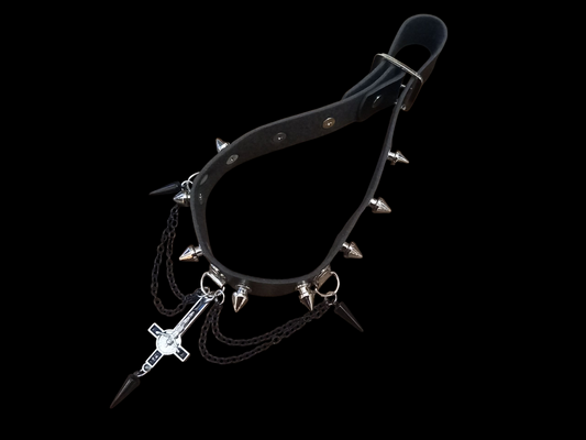 Goth Gothic Witchy Killstar Satanic Occult Black Faux Leather 10 spiked Collar "Inverted crucifix with chains and spikes"