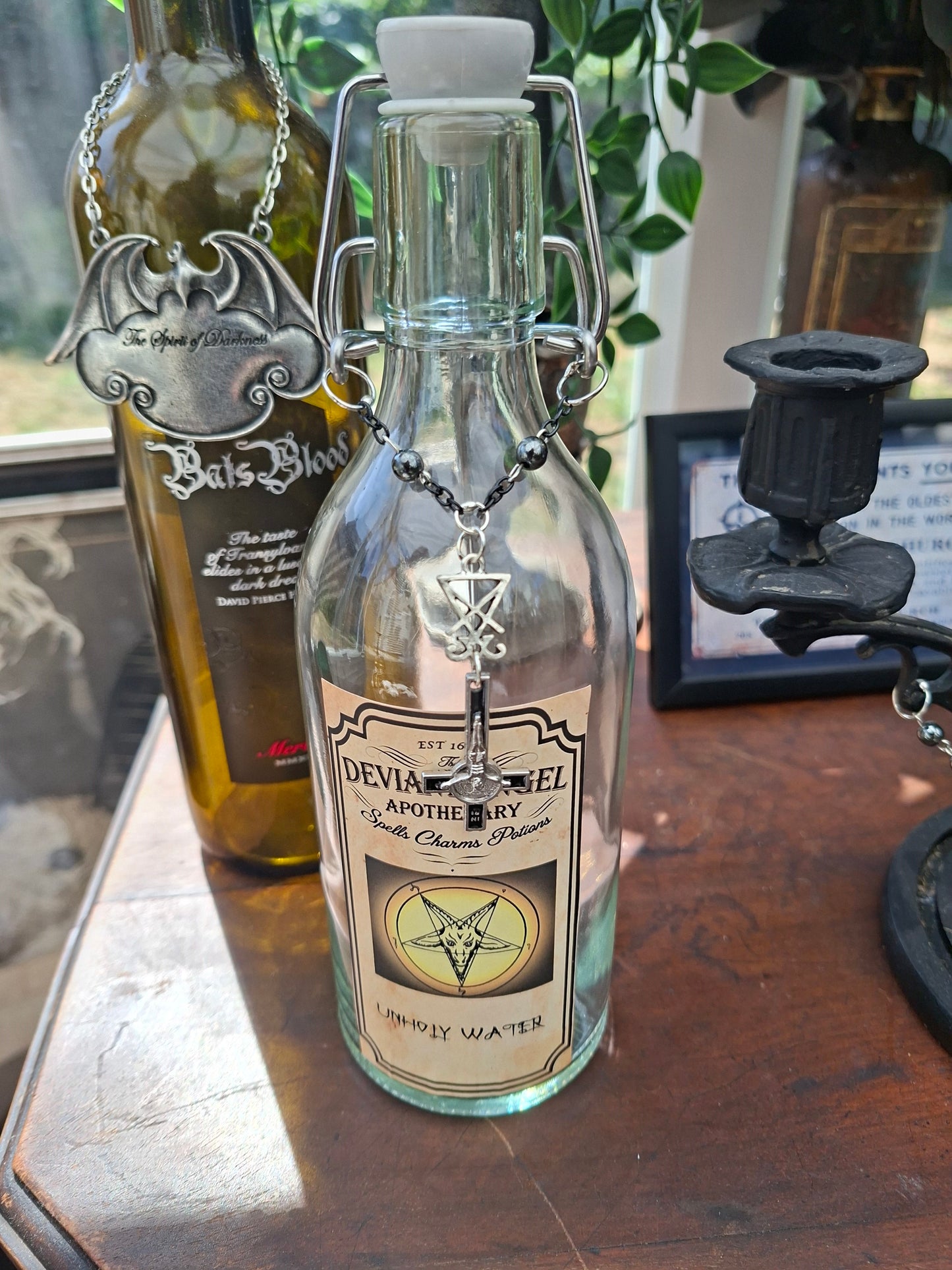 apothecary bottle "Unholy Water"  with satanic rosary detail : Oddity curiosity Gothic  Witchy Occult homewares