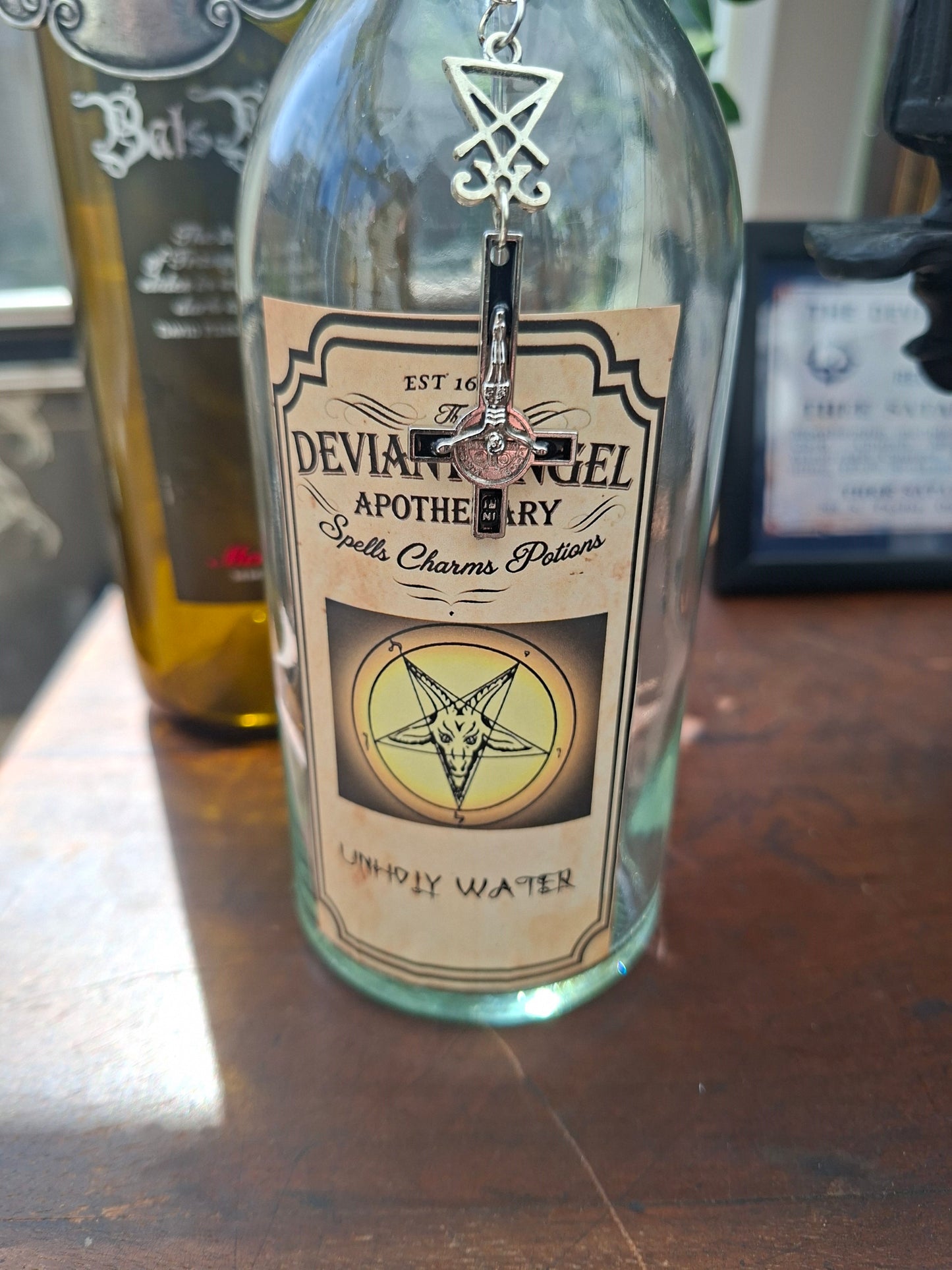 apothecary bottle "Unholy Water"  with satanic rosary detail : Oddity curiosity Gothic  Witchy Occult homewares