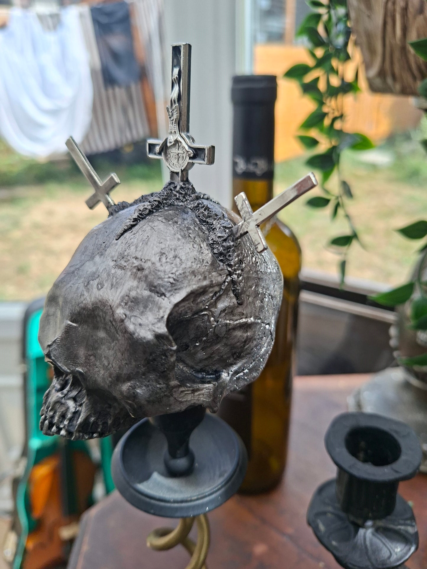 OOAK Sightless Antichrist skull sculpture on stand :Oddity curiosity gothic witchy occult homewares