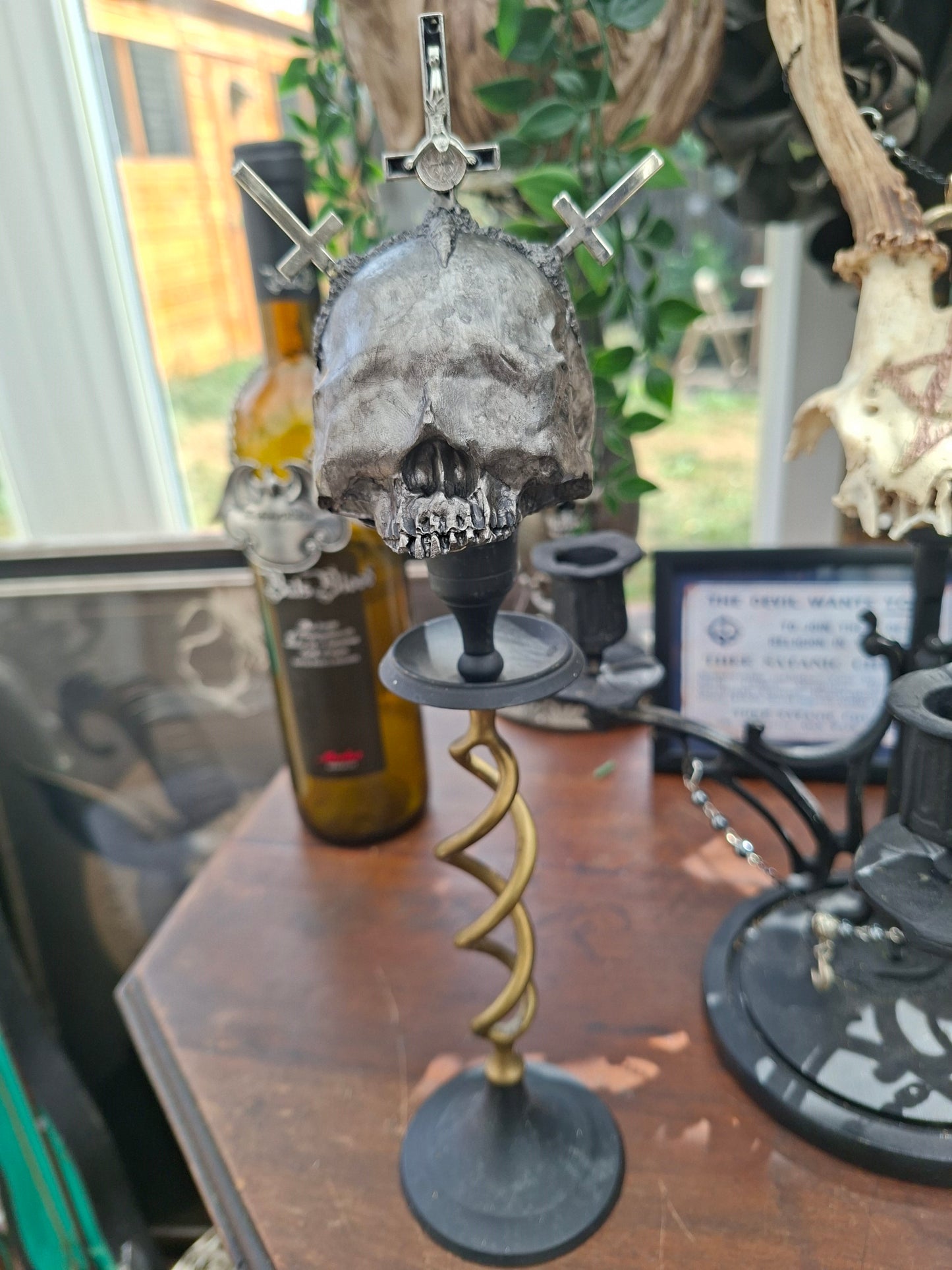 OOAK Sightless Antichrist skull sculpture on stand :Oddity curiosity gothic witchy occult homewares