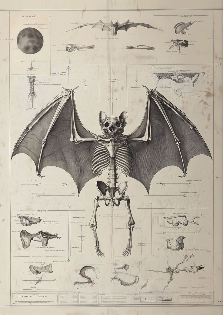 Bat Skeleton Taxidermy framed Art ,with atmocial illustration background