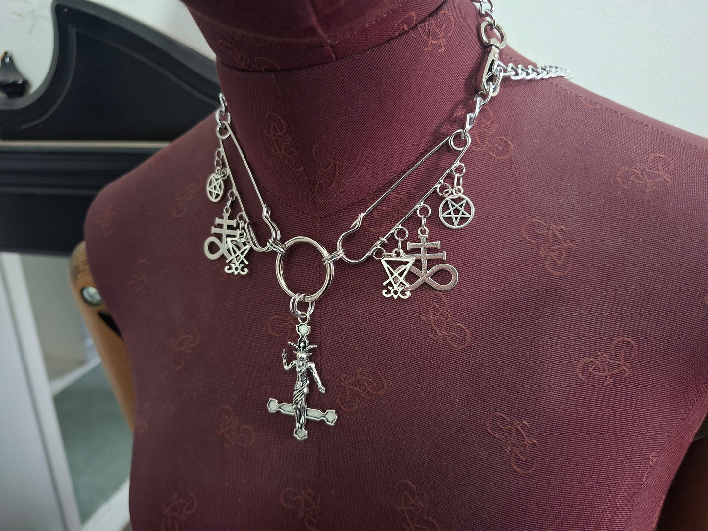 Kilt pin necklace ,Baphomet cross,satanic trinity :Gothic witchy satanic aesthetic